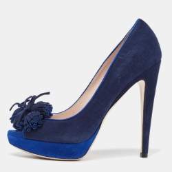 Miu Miu Blue Suede Peep Toe Platform Pumps Size 37.5