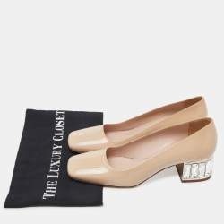 Miu Miu Beige Patent Leather Crystal Embellished Block Heel Pumps Size 37