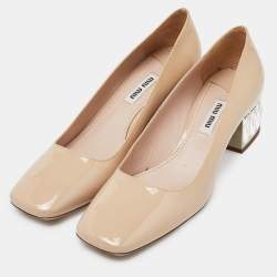 Miu Miu Beige Patent Leather Crystal Embellished Block Heel Pumps Size 37