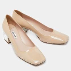 Miu Miu Beige Patent Leather Crystal Embellished Block Heel Pumps Size 37