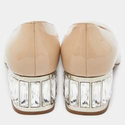 Miu Miu Beige Patent Leather Crystal Embellished Block Heel Pumps Size 37