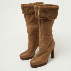 Miu Miu Light Brown Leather Fur Lined Knee Length Boots Size 40