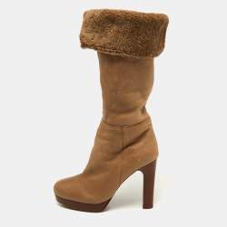 Miu Miu Light Brown Leather Fur Lined Knee Length Boots Size 40