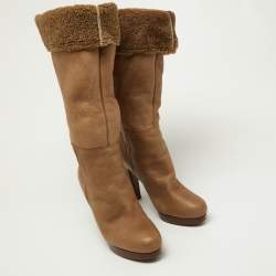 Miu Miu Light Brown Leather Fur Lined Knee Length Boots Size 40