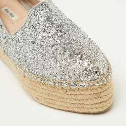 Miu Miu Silver Coarse Glitter Espadrille Platform Loafers Size 37.5