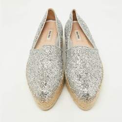 Miu Miu Silver Coarse Glitter Espadrille Platform Loafers Size 37.5