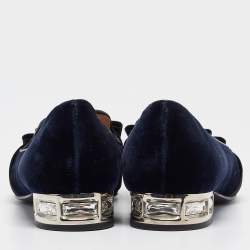 Miu Miu Navy Blue/Black Velvet and Canvas Bow Crystal Embellished Loafers Size 40