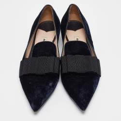Miu Miu Navy Blue/Black Velvet and Canvas Bow Crystal Embellished Loafers Size 40