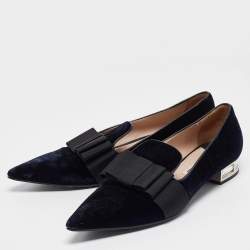 Miu Miu Navy Blue/Black Velvet and Canvas Bow Crystal Embellished Loafers Size 40