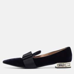 Miu Miu Navy Blue/Black Velvet and Canvas Bow Crystal Embellished Loafers Size 40
