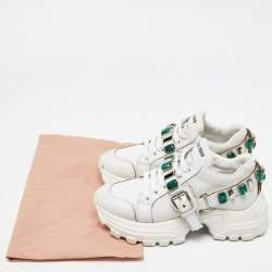 Miu Miu White Textured Leather Crystal Embellished Lace Up Sneakers Size 37