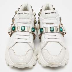 Miu Miu White Textured Leather Crystal Embellished Lace Up Sneakers Size 37