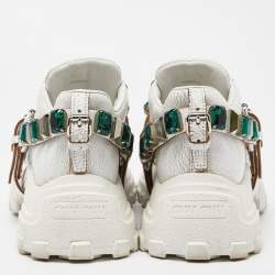 Miu Miu White Textured Leather Crystal Embellished Lace Up Sneakers Size 37