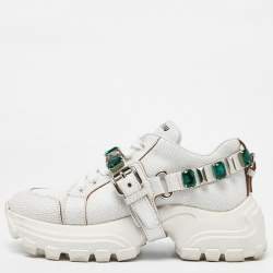 Miu Miu White Textured Leather Crystal Embellished Lace Up Sneakers Size 37