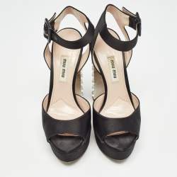 Miu Miu Black Satin Embellished Block Heel Platform Sandals Size 35.5