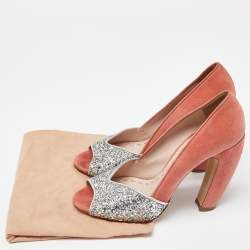 Miu Miu Orange/Silver Suede and Glitter Open Toe Pumps Size 38