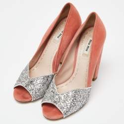 Miu Miu Orange/Silver Suede and Glitter Open Toe Pumps Size 38