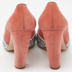 Miu Miu Orange/Silver Suede and Glitter Open Toe Pumps Size 38