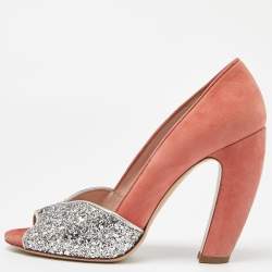 Miu Miu Orange/Silver Suede and Glitter Open Toe Pumps Size 38