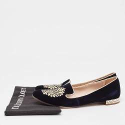 Miu Miu Navy Blue Velvet Embroidered Crystal Embellished Smoking Slippers Size 38