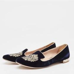 Miu Miu Navy Blue Velvet Embroidered Crystal Embellished Smoking Slippers Size 38
