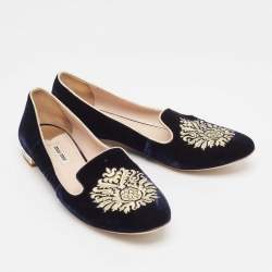 Miu Miu Navy Blue Velvet Embroidered Crystal Embellished Smoking Slippers Size 38