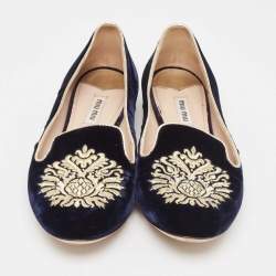 Miu Miu Navy Blue Velvet Embroidered Crystal Embellished Smoking Slippers Size 38