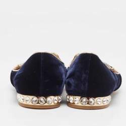 Miu Miu Navy Blue Velvet Embroidered Crystal Embellished Smoking Slippers Size 38
