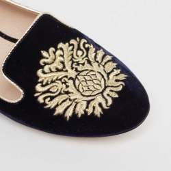 Miu Miu Navy Blue Velvet Embroidered Crystal Embellished Smoking Slippers Size 38
