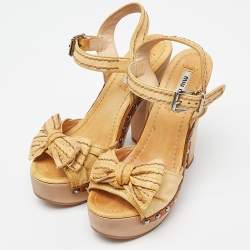 Miu Miu Beige Leather Ribbon Slingback Platform Sandals Size 35.5