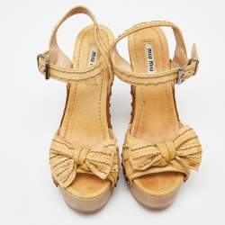 Miu Miu Beige Leather Ribbon Slingback Platform Sandals Size 35.5