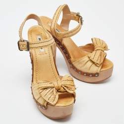 Miu Miu Beige Leather Ribbon Slingback Platform Sandals Size 35.5