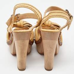 Miu Miu Beige Leather Ribbon Slingback Platform Sandals Size 35.5