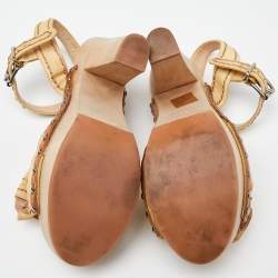 Miu Miu Beige Leather Ribbon Slingback Platform Sandals Size 35.5