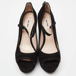 Miu Miu Black Suede Peep Toe Ankle Strap Wedges Size 38