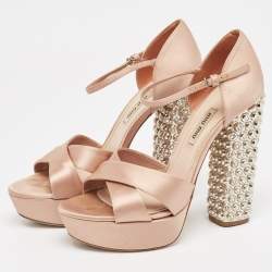 Miu Miu Pink Satin Crystal Embellished Platform Ankle Strap Sandals Size 38 