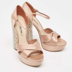 Miu Miu Pink Satin Crystal Embellished Platform Ankle Strap Sandals Size 38 
