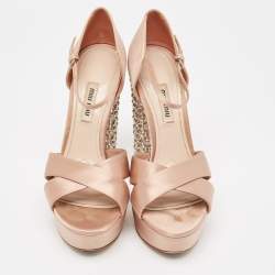 Miu Miu Pink Satin Crystal Embellished Platform Ankle Strap Sandals Size 38 