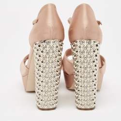 Miu Miu Pink Satin Crystal Embellished Platform Ankle Strap Sandals Size 38 