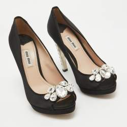 Miu Miu Black Satin Crystal Embellished Peep Toe Platform Pumps Size 37.5