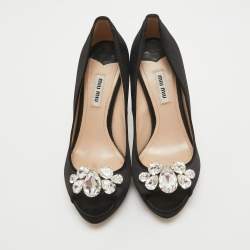 Miu Miu Black Satin Crystal Embellished Peep Toe Platform Pumps Size 37.5