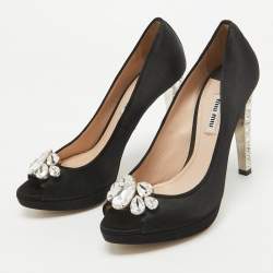 Miu Miu Black Satin Crystal Embellished Peep Toe Platform Pumps Size 37.5