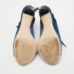 Miu Miu Navy Blue/Black Satin and Fabric Crystal Embellished Lace Up Slingback Sandals Size 39.5