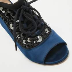 Miu Miu Navy Blue/Black Satin and Fabric Crystal Embellished Lace Up Slingback Sandals Size 39.5