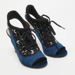 Miu Miu Navy Blue/Black Satin and Fabric Crystal Embellished Lace Up Slingback Sandals Size 39.5