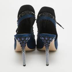 Miu Miu Navy Blue/Black Satin and Fabric Crystal Embellished Lace Up Slingback Sandals Size 39.5