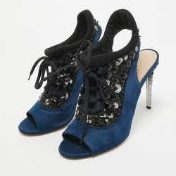 Miu Miu Navy Blue/Black Satin and Fabric Crystal Embellished Lace Up Slingback Sandals Size 39.5
