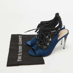 Miu Miu Navy Blue/Black Satin and Fabric Crystal Embellished Lace Up Slingback Sandals Size 39.5