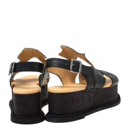 MM6 Maison Margiela Black Cut Out Embroidered Leather Platform Sandals Size 38.5