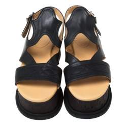 MM6 Maison Margiela Black Cut Out Embroidered Leather Platform Sandals Size 38.5